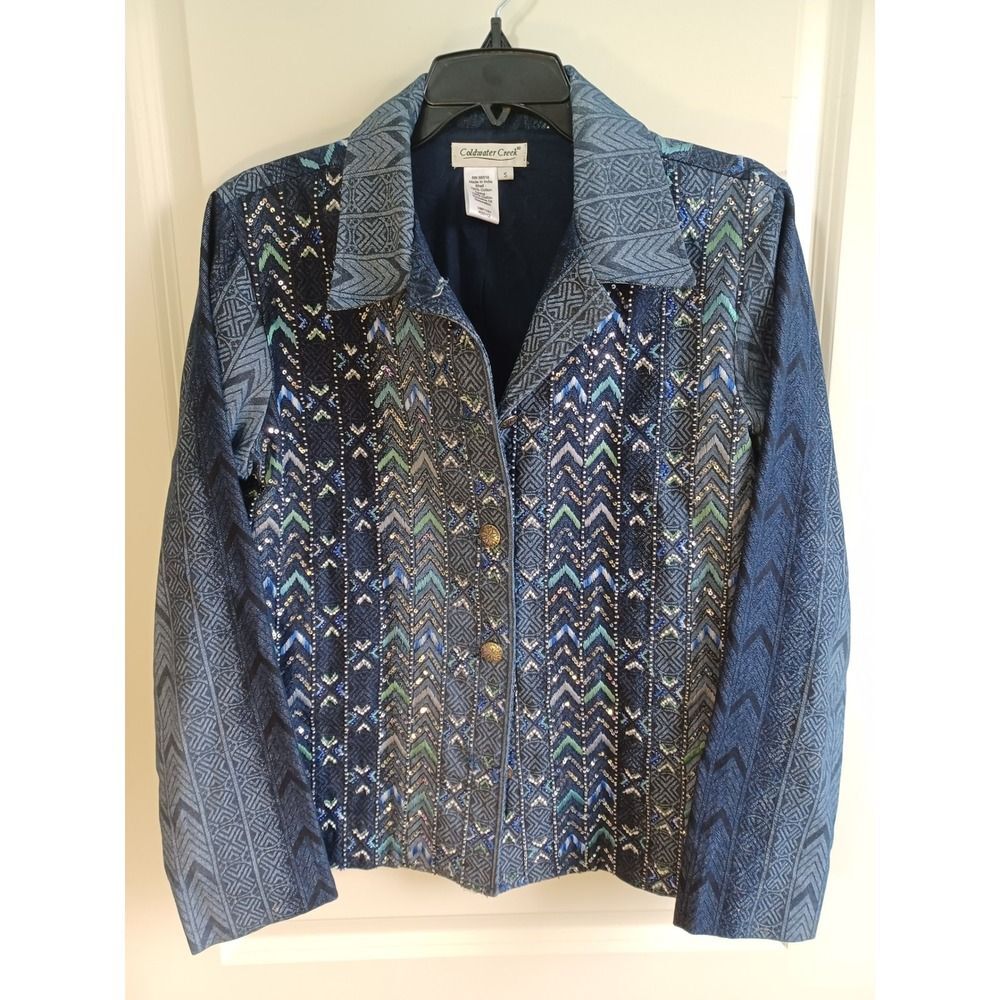 Jean Jacket Western Aztec Concho‎ Blue Beaded Sequins Cowgirl Coldwater Creek Sm